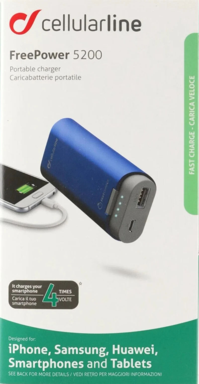 Cellularline Hochwertiges Powerbank mit Schnelllade-Funktion, Lithium Ion, Kapazität 5200 mAh, Blau