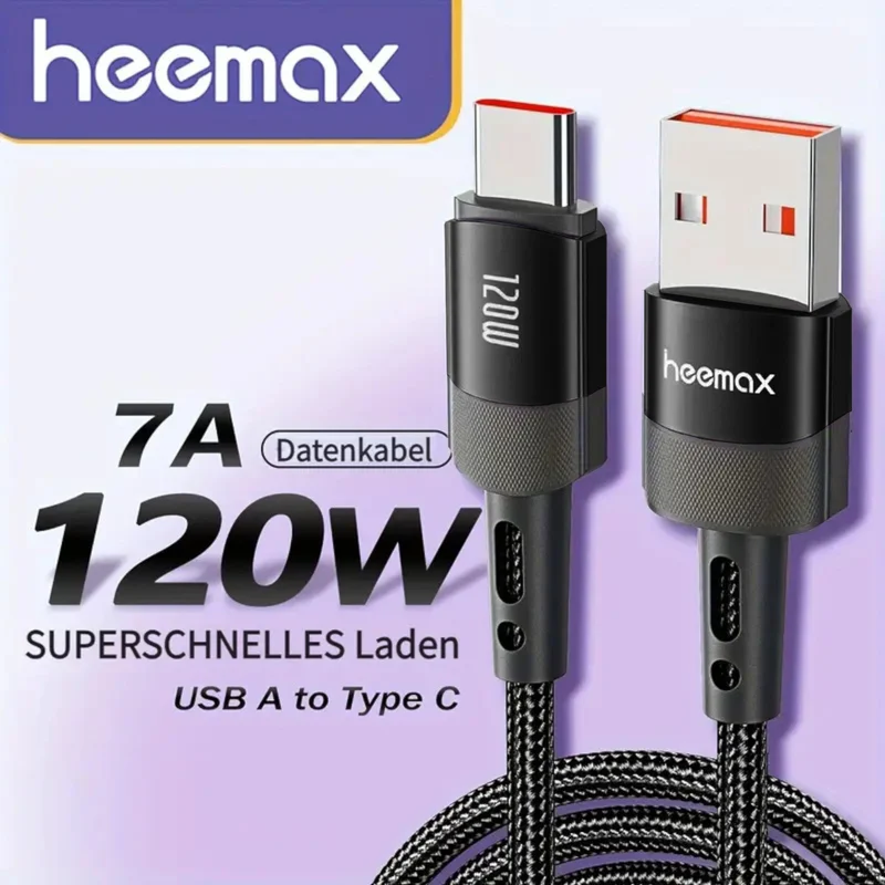 7A 120W 1m Heemax Schnell Ladekabel USB A zu Typ C Daten Handy Nylon schwarz