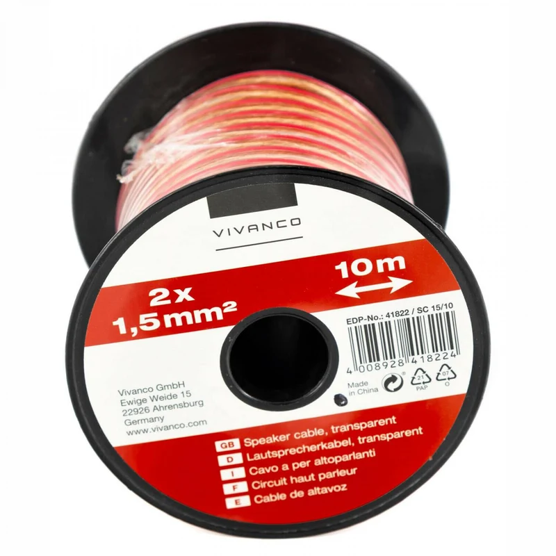 VIVANCO Hochwertiges Audio Lautsprecherkabel, Transparent, 10m, 2 x 1,5mm², auf Mini-Spule, Universal einsetzbar