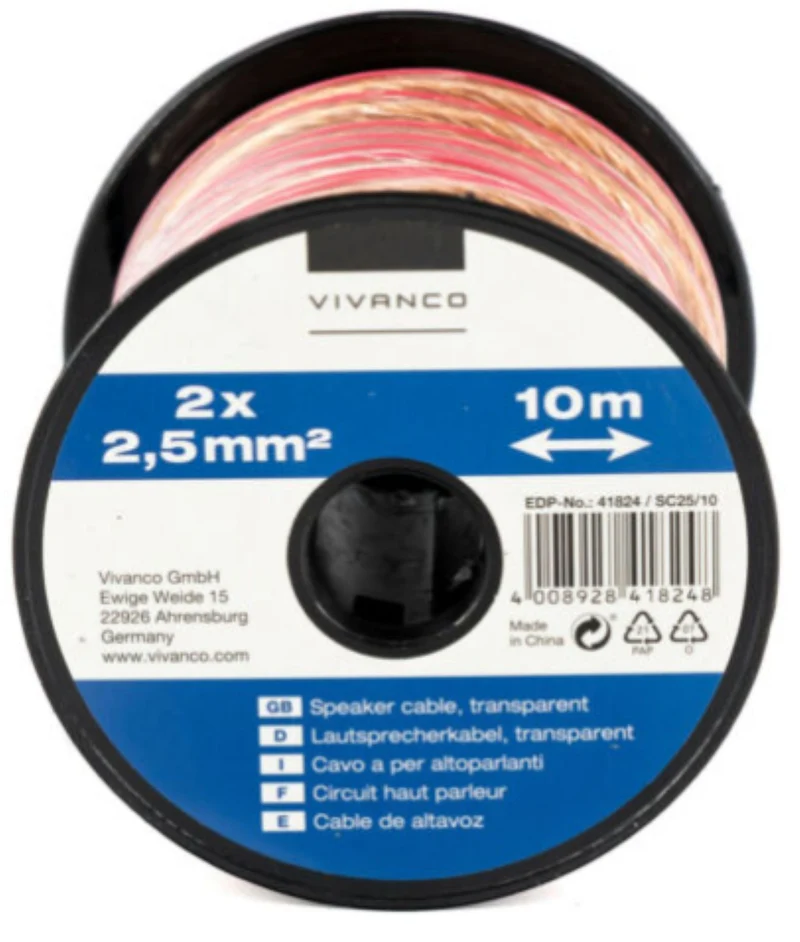 VIVANCO Hochwertiges Audio Lautsprecherkabel, Transparent, 10m, 2 x 2,5mm², auf Mini-Spule, Universell einsetzbar