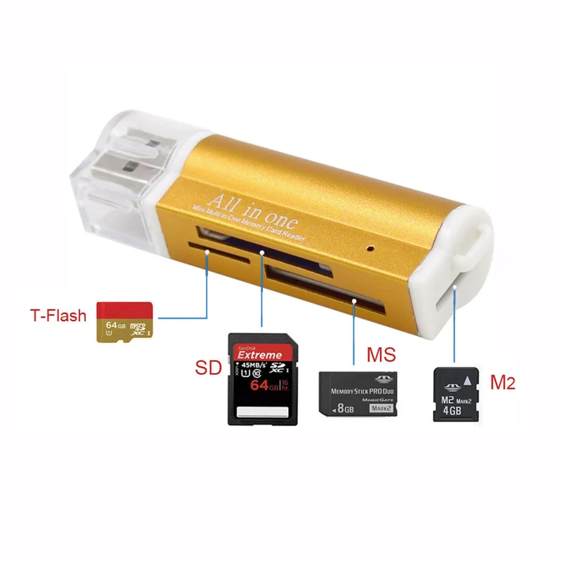 Kartenlesegerät Kartenleser Card Reader Micro SD MMC M2 USB Stick in gold