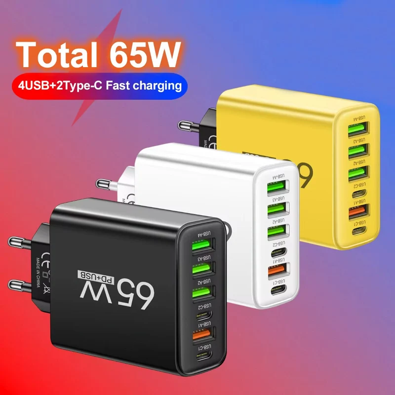 6-Fach Schnell Ladegerät Stecker 6 x USB Port 65W Netzteil Adapter Handy Tablet