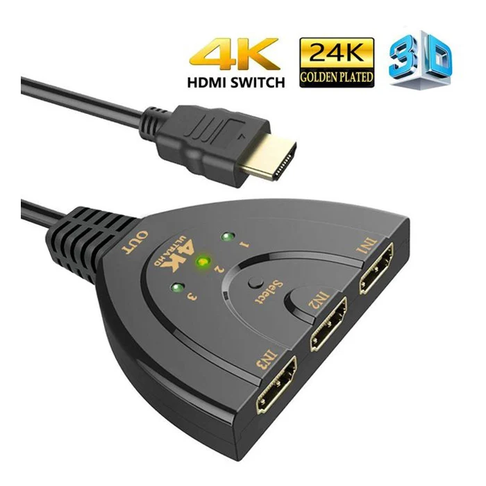VIVANCO Hochwertiger HDMI Umschalter, 3x HDMI Buchse auf Stecker, automatisch und manuell schaltbar, 10 cm, kompakt