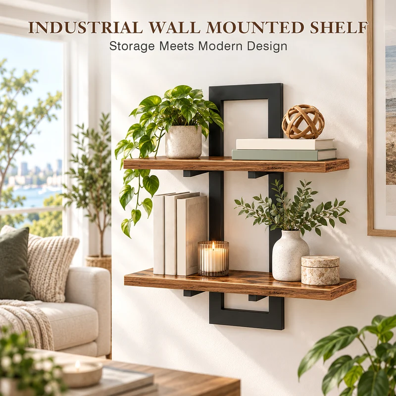 Industrial 2-Tier Wall Mounted Floating Shelf, Rustic Wood Shelves with Black Metal Frame for Kitchen, Bathroom, Bedroom, Office & Living Room