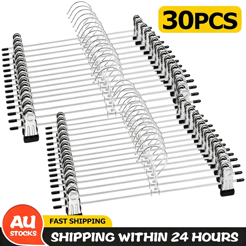 30-Pack Adjustable Metal Clip Hangers, Stainless Steel Pants & Skirt Hangers with Non-Slip ABS Clips, Space-Saving Closet Organisers, Black