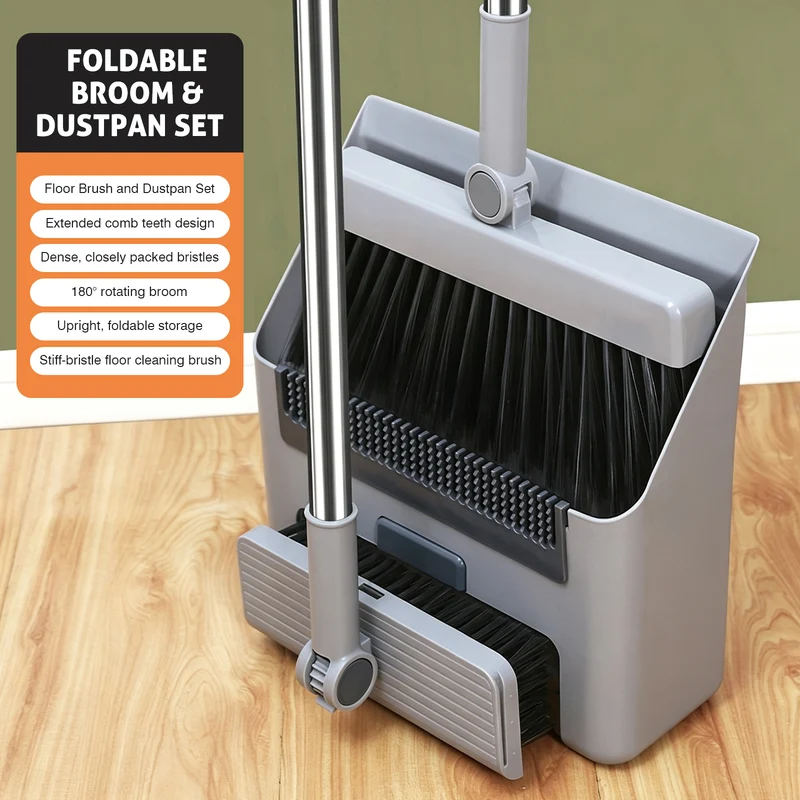 3-in-1 Heavy Duty Broom and Dustpan Set with Comb Teeth, 180° Rotating Broom Head & Foldable Upright Storage, Grey