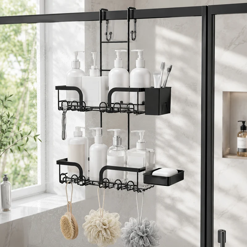 2-Tier Over-Door Shower Caddy with Hooks, Soap Dish, Toothbrush Cup & Suction Cups, No-Drill Bathroom Storage Rack for Shower Door or Rail