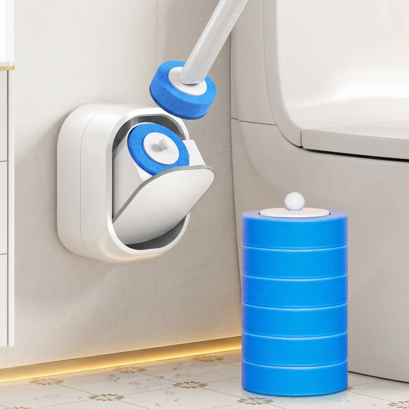 Disposable Toilet Cleaning Wand Set with Wall-Mount Storage Holder, 6 Sponge Refill Heads & ABS Handle for Regular Bathroom Cleaning