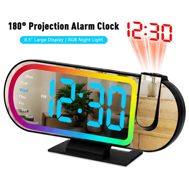 LED Projection Alarm Clock with 180° Rotating Time Projector, Temperature & Date Display, Adjustable Brightness, Snooze, RGB Ambient Light & Memory Backup