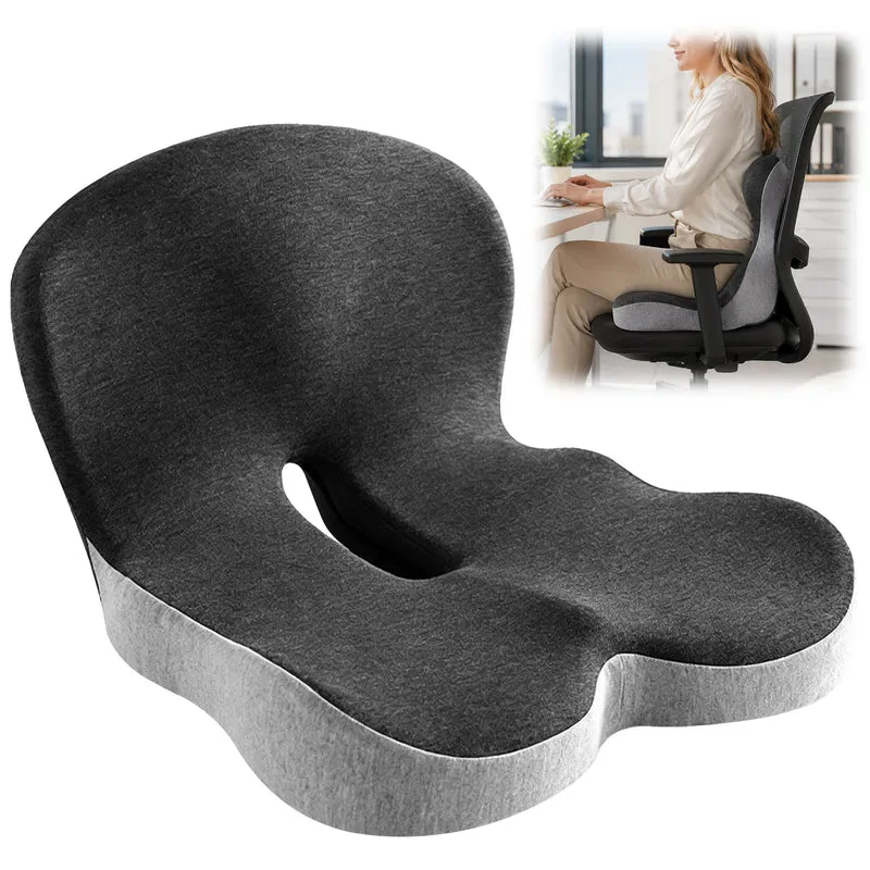 Integrated Memory Foam Seat & Lumbar Support Cushion, L-Shaped Ergonomic Back and Hip Pillow with Breathable Cover & Non-Slip Base for Office, Car & Home