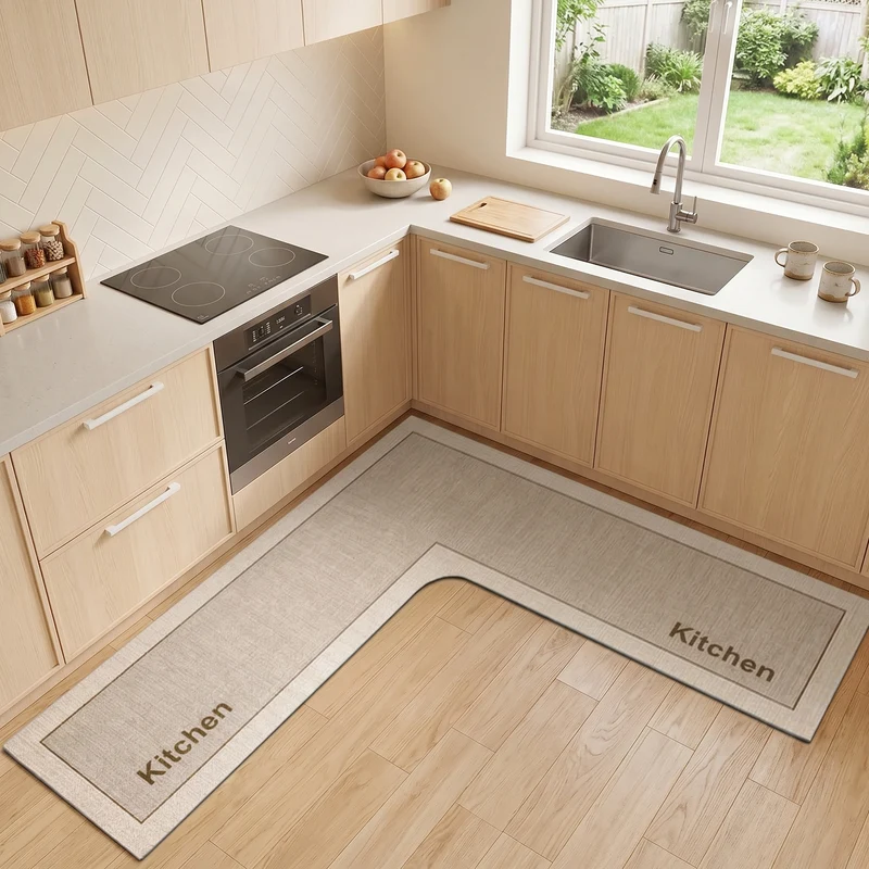 L-Shaped Non-Slip Bathroom & Kitchen Mat, 120 × 120 cm Diatom Mud Floor Mat, Absorbent Washable Corner Rug for Sink, Laundry & Home Use, White