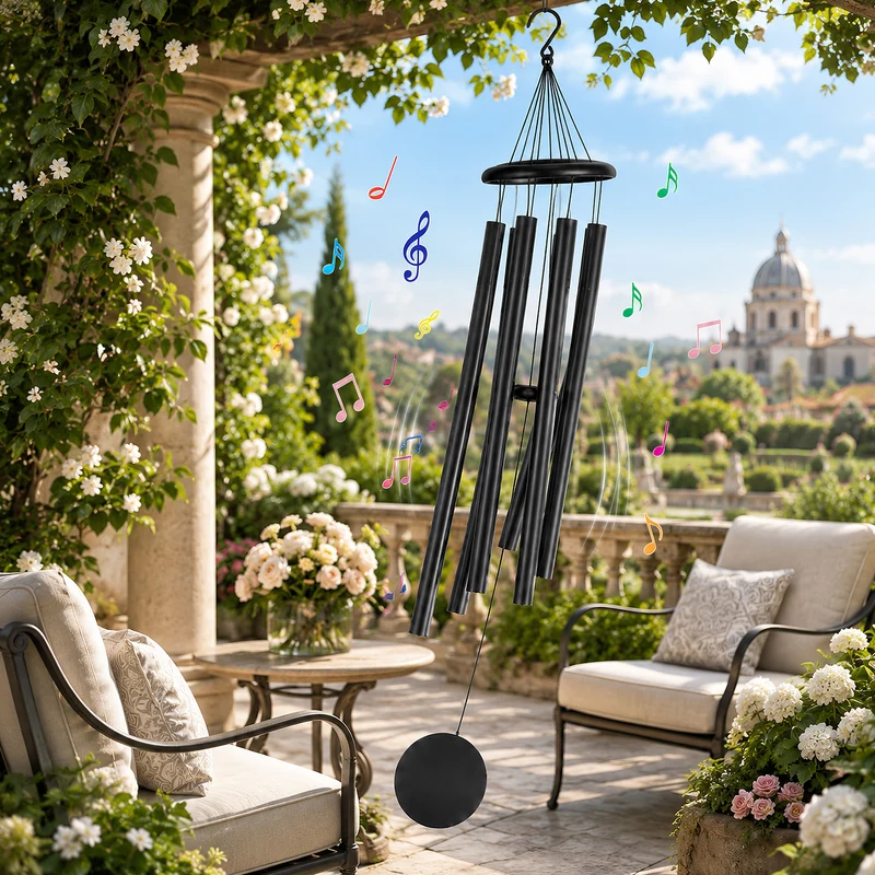 47-Inch Large Outdoor Wind Chime with 6 Black Aluminium Tubes, Wooden Accents & Hanging Ring for Garden, Patio, Porch & Balcony