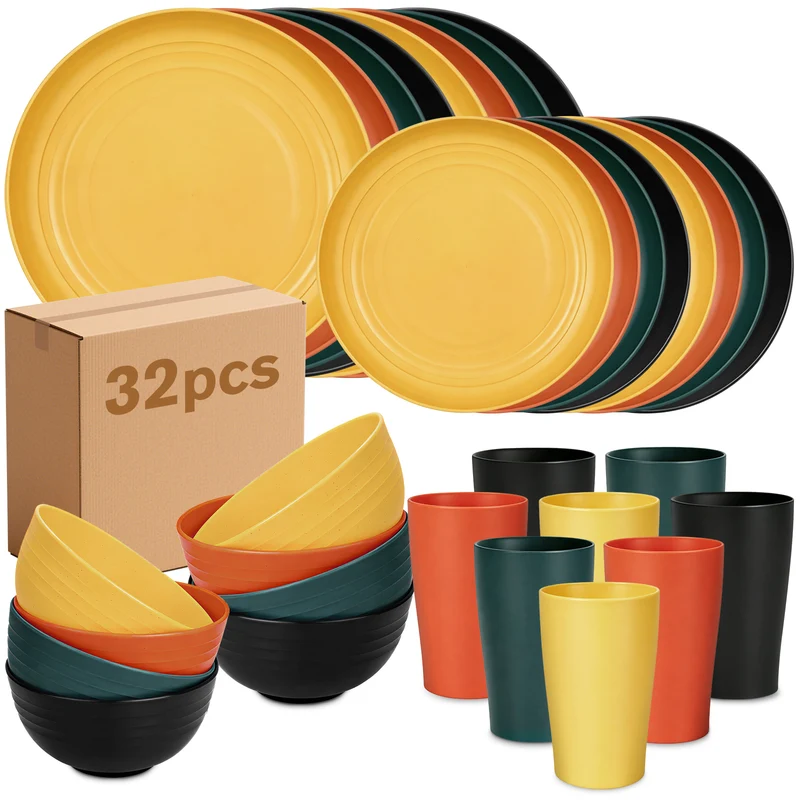 32-Piece Wheat Straw Dinnerware Set for 8, BPA-Free Plastic Plates, Bowls & Cups, Lightweight Stackable Tableware for Home, Picnics & Camping