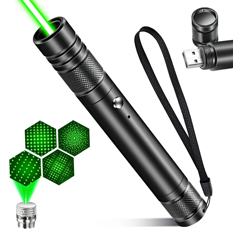 Rechargeable Green Laser Cat Toy with 4 Projection Patterns, Aluminium Alloy Body, 200 mAh Battery, Class 2 Laser Pointer for Interactive Pet Play