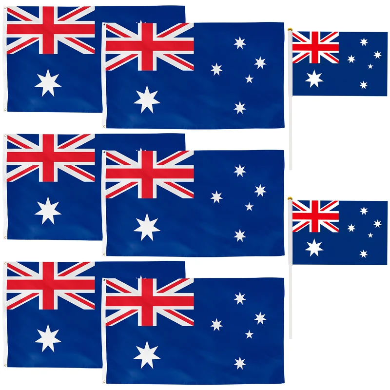 8-Piece Australian Flag Set, 6 Large 90 × 150 cm Polyester Flags with Metal Grommets & 2 Small 14 × 21 cm Flags for Outdoor Display