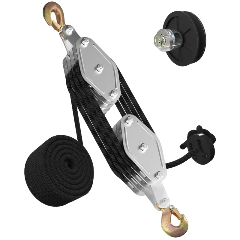 Heavy Duty 8:1 Block and Tackle Pulley System with 20 m Rope, 2200 lb Rated Load, Metal Bearing Pulleys & Alloy Steel Hooks for Garage, Warehouse & Lifting Tasks