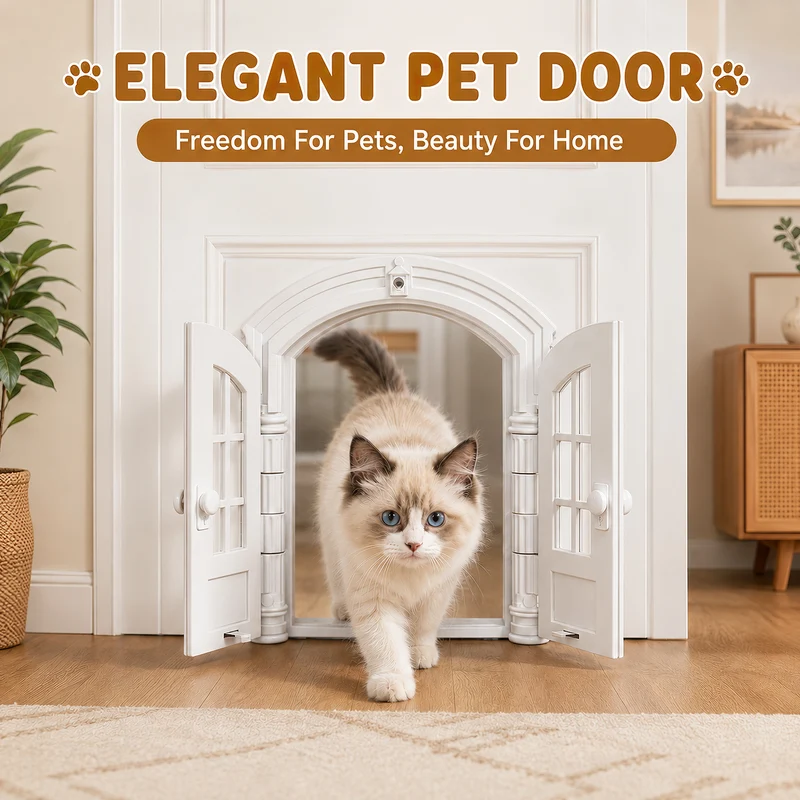 French Vintage Pet Door with Lockable Double Doors, Arched ABS Cat Door for Kittens & Small Dogs, DIY Interior Door Installation, White, 24 × 27.5 × 7.2 cm