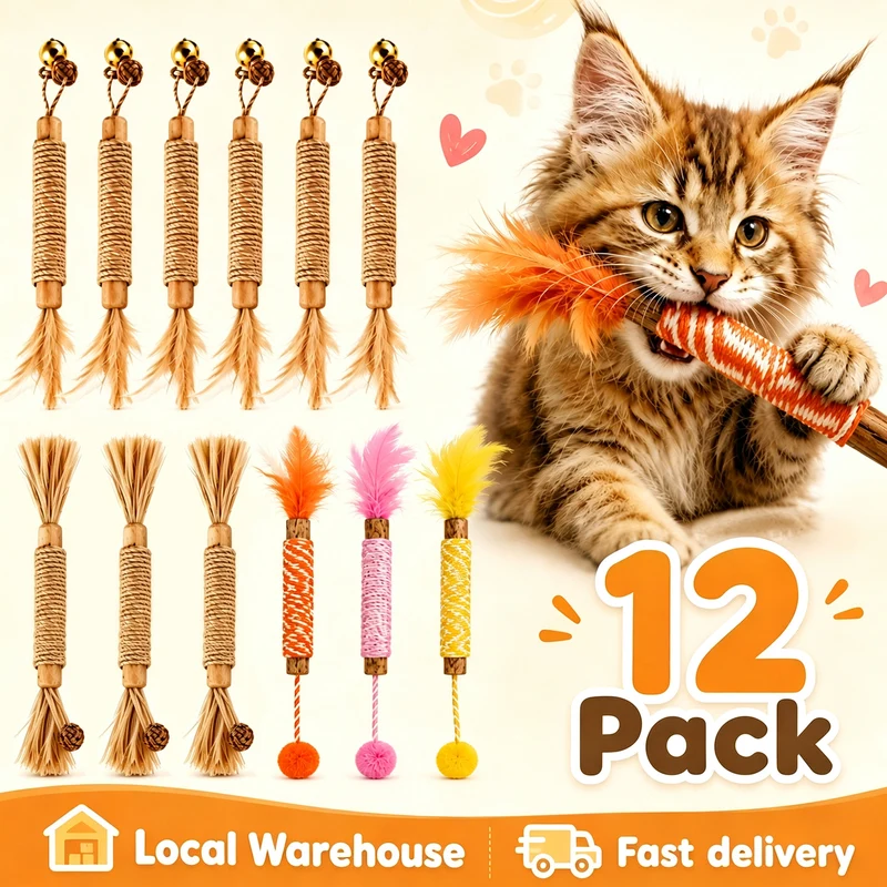 12PCS Natural Silvervine Cat Stick Set, 22 cm Chew & Interactive Cat Toys with Raffia, Sisal Rope, Gall Fruit & 6 Bell Balls