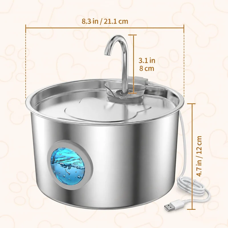 3.2L Stainless Steel Pet Water Fountain for Cats & Dogs, USB Powered Automatic Water Dispenser with Dual Filtration, Water Level Window & 6 Filters