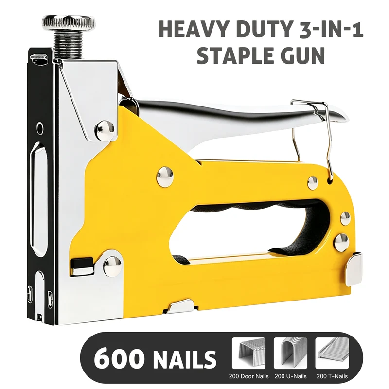 3-in-1 Heavy Duty Staple Gun with 600 Staples, Manual Tacker for U-Type, T-Type & Straight Staples, 4–14 mm, Aluminium Alloy Body