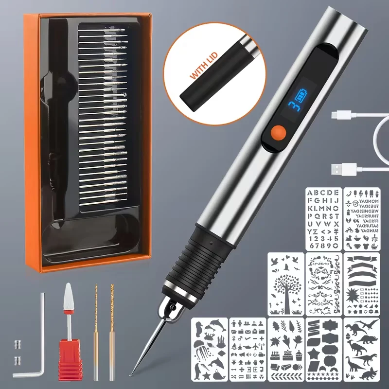 Rechargeable Metal Engraving Pen Kit with 3-Speed Control, 33-Piece Bit Set & 10 Templates, Cordless Rotary Tool for Metal, Wood, Glass & Plastic