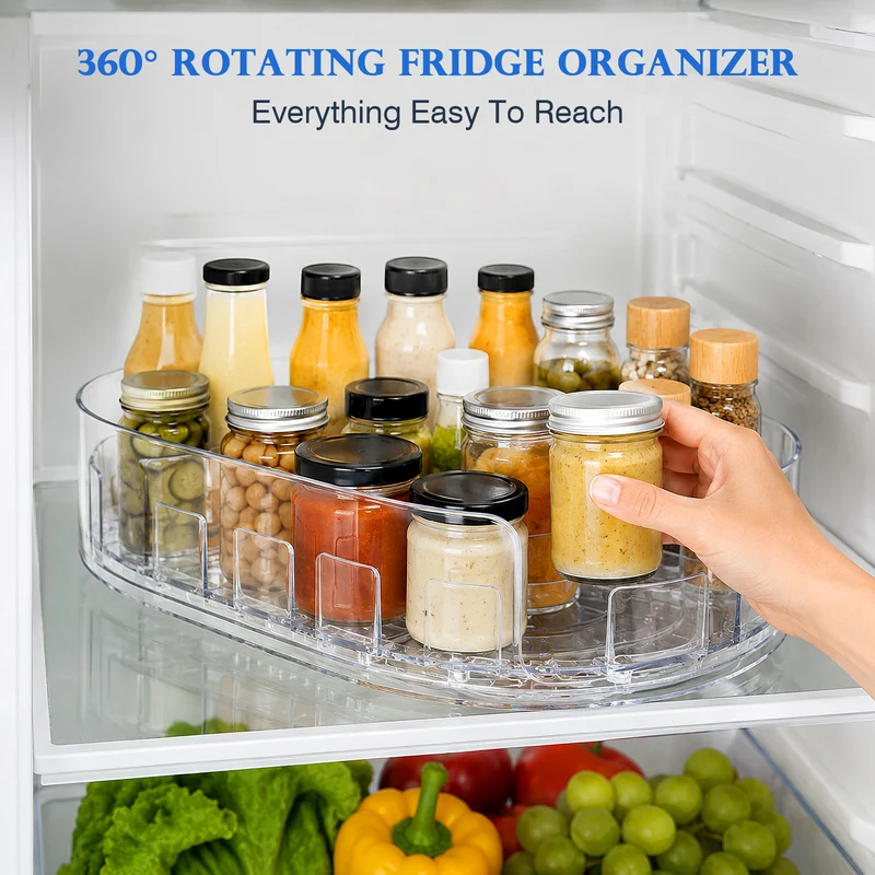 360° Rotating Fridge Organiser Tray, Clear Refrigerator Storage Turntable with Raised Edges for Kitchen Cabinets, Pantry & Storage Spaces, 33 × 21.5 × 7.3 cm