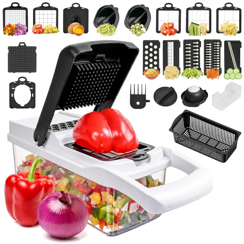 Multifunction Vegetable Chopper with Interchangeable Stainless Steel Blades, Food Container, Hand Guard & Non-Slip Base, Black and White