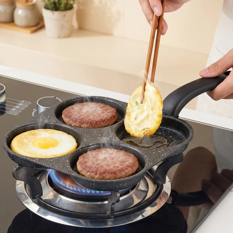 4-Cup Cast Iron Egg Frying Pan with Raised Handle, Multi-Section Breakfast Skillet for Eggs, Pancakes, Bacon & Burgers, Compatible with Gas, Induction & Electric Cooktops