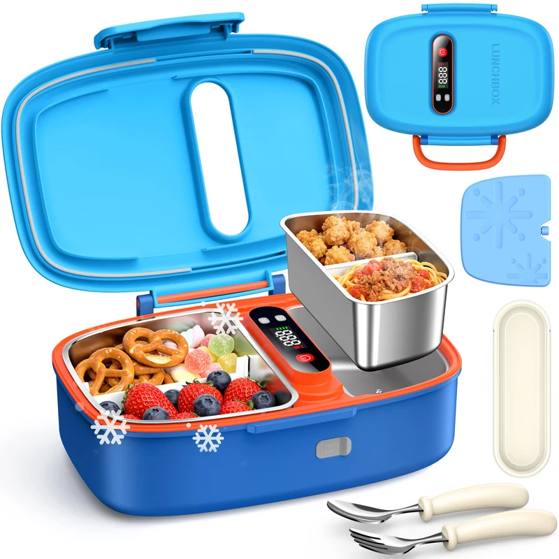 Cordless Electric Lunch Box for Kids, 1.2L Heated Bento Box, Scheduled Heating, Rechargeable Battery, Removable Stainless Steel Containers and Leak-Resistant Lids, Blue or Pink