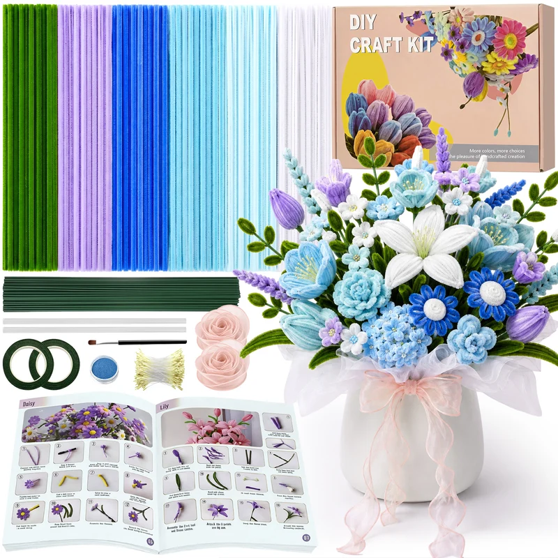 600-Piece Pipe Cleaner Flower Bouquet Craft Kit, DIY Chenille Stem Floral Set with 15 Flower Tutorials, Stamens, Stems, Tape, Glue Sticks, Ribbon and Craft Tools, Available in Blue and Pink Colour Sets