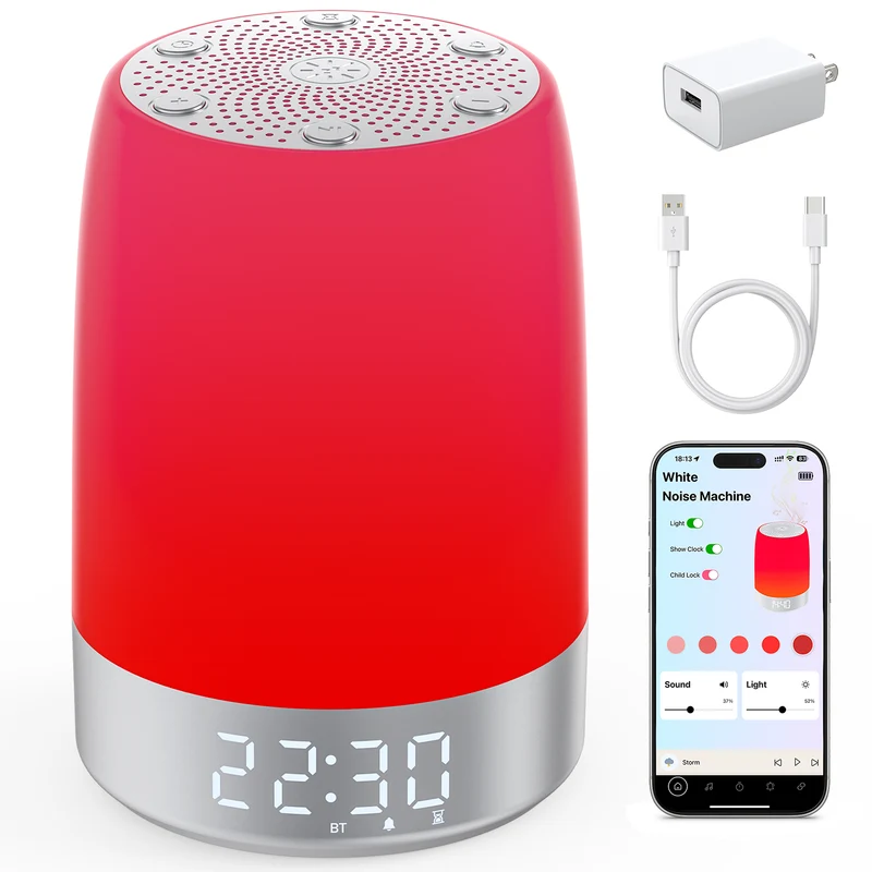 Smart Red Light Therapy Lamp, White Noise Sound Machine, Alarm Clock for Bedroom, App Control, 5-Level 620-690nm Therapy, 2600mAh Battery, Large