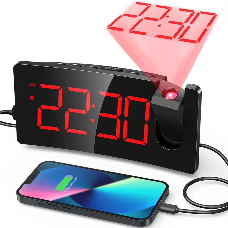 Mpow Projection Alarm Clock, Digital Clock with 180° Rotatable Projector, 3-Level Brightness, Progressive Volume, USB Charger, Battery Backup, 9mins Snooze, 12/24H, Digital Alarm Clock for Bedroom