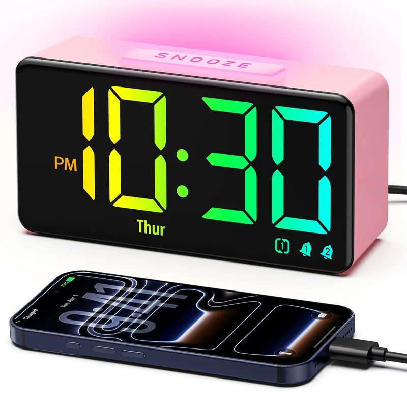 Mpow Alarm Clocks, RGB Digital Clock with Night Light, Desk Clock for Bedside, Power-Off Memory & Alarm, Dual Alarm, 5 Level Brightness +Off, 12/24H, 9min Snooze, Reveil Matin for Bedrooms, Pink