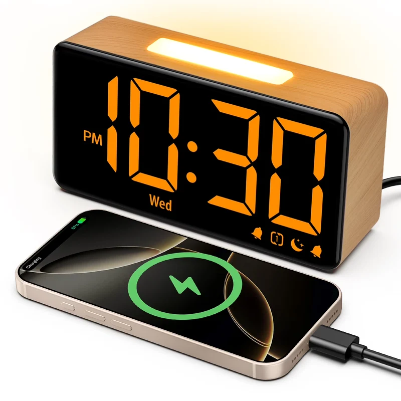 Mpow Alarm Clocks, Wood Grain, Digital Clock with Night Light, Desk Clock for Bedside, Power-Off Memory & Alarm, Dual Alarm, 5 Level Brightness +Off, 12/24H, 9min Snooze, Reveil Matin for Bedrooms