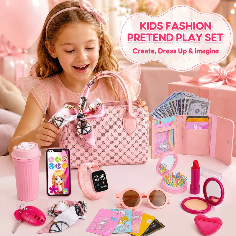 Pink Kids Pretend Play Handbag Set with Toy Phone, Makeup Accessories, Watch, Sunglasses, Wallet & Role Play Accessories