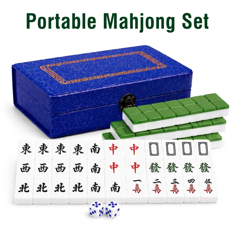 144-Piece Travel Mahjong Set with 24 mm Melamine Tiles, 2 Dice & Portable Storage Case for Family Games, Parties and Travel
