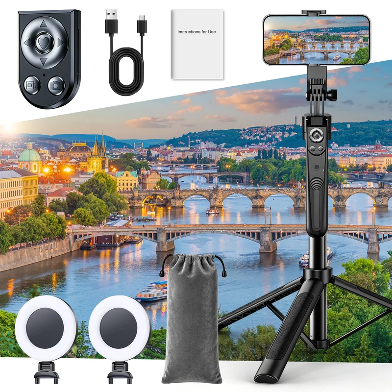 B181 1.8M Auto-Tracking Phone Tripod with Dual Fill Lights, Remote Control, 360° Adjustable Holder & Carry Bag for Live Streaming, Selfies and Video Recording