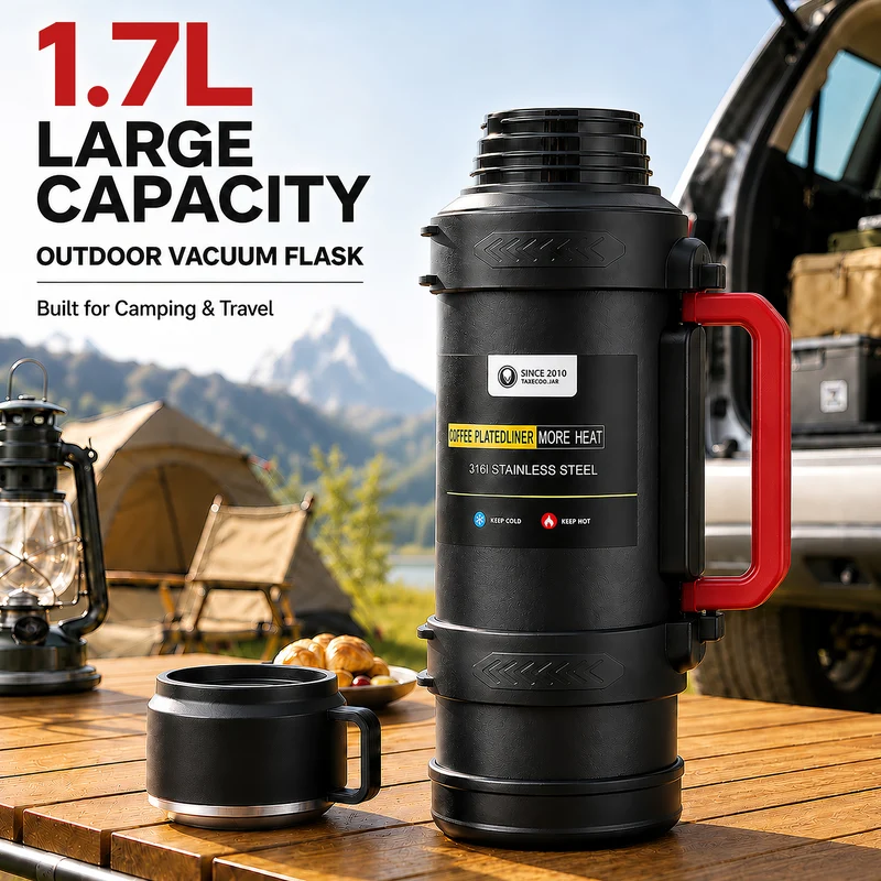 1.7L Insulated Stainless Steel Water Jug with 316 Inner Liner, Tea Filter, Leak-Resistant Lid & Dual Handles for Hot and Cold Drinks, Outdoor, Travel & Car Use