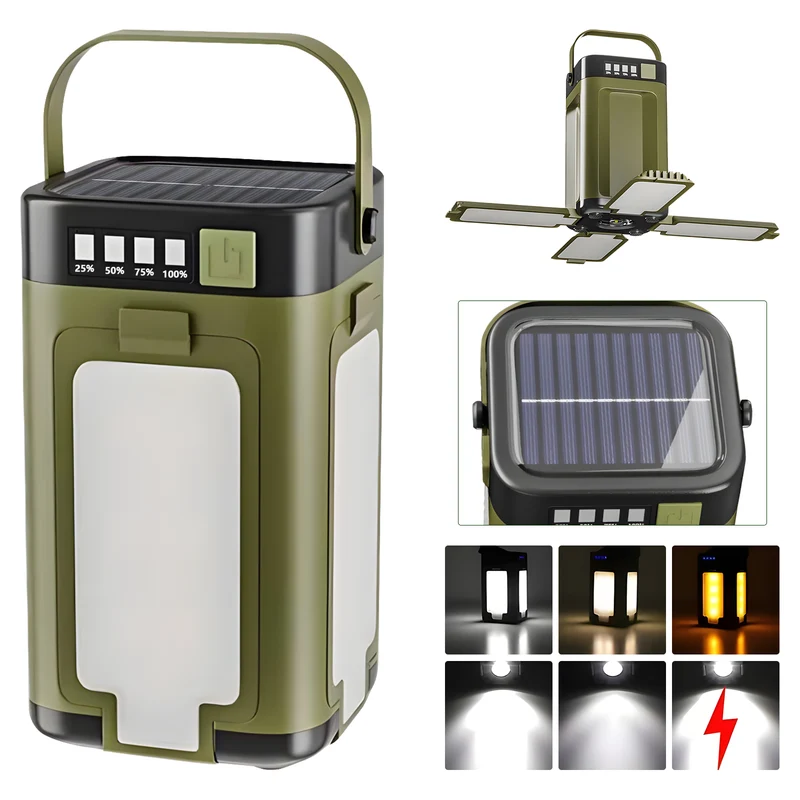 4-Blade Solar Camping Lantern with Type-C Charging, 6 Lighting Modes, 2000mAh Battery, USB Power Output & Foldable 360° Side Lights, Green