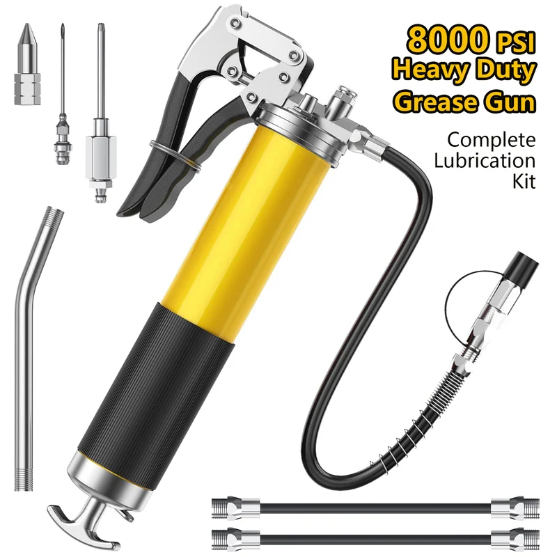 Heavy Duty 8000 PSI Grease Gun Kit with Flexible Hose, Locking Coupler, Nozzles, 14 oz Cartridge Compatibility & Cleaning Towel for Automotive and Machinery Lubrication