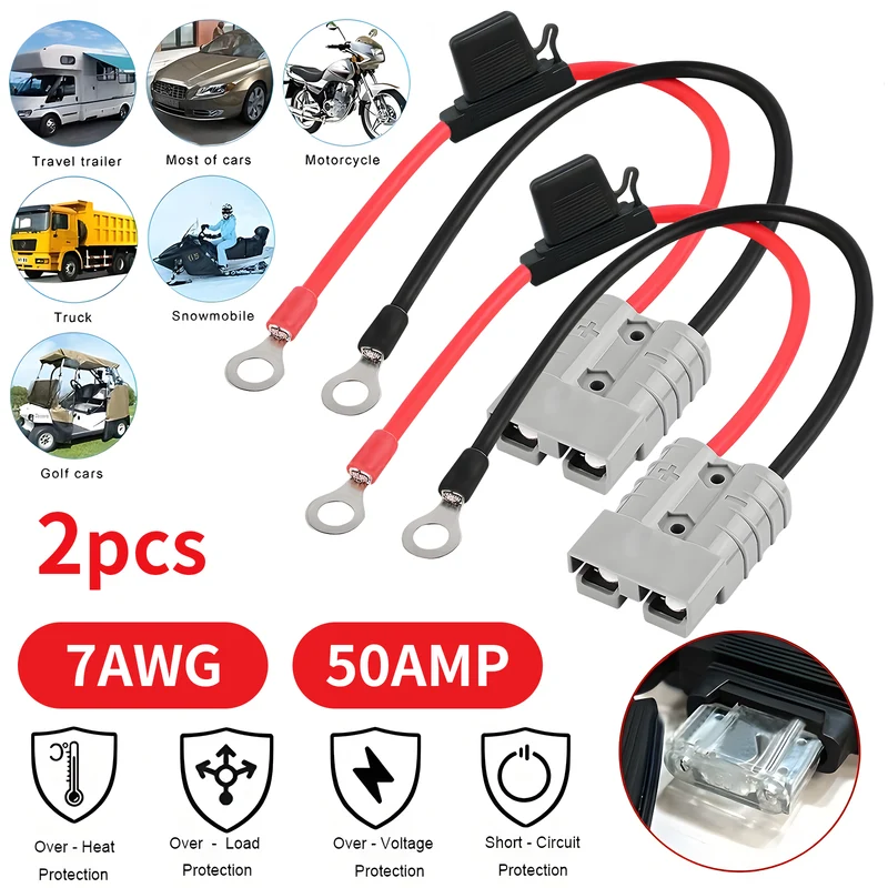 2-Pack 50A Battery Connector Extension Cable, 30 cm 10 B&S Twin-Core Cable with Quick-Connect Plug & 6 mm Ring Terminals for Vehicles, Winches & Battery Systems
