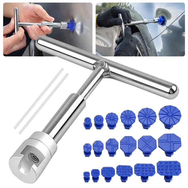 21-Piece T-Bar Dent Puller Kit with 18 Glue Tabs & 2 Hot Melt Glue Sticks, Paintless Dent Repair Tool for Cars, SUVs, Trucks & Flat Metal Surfaces