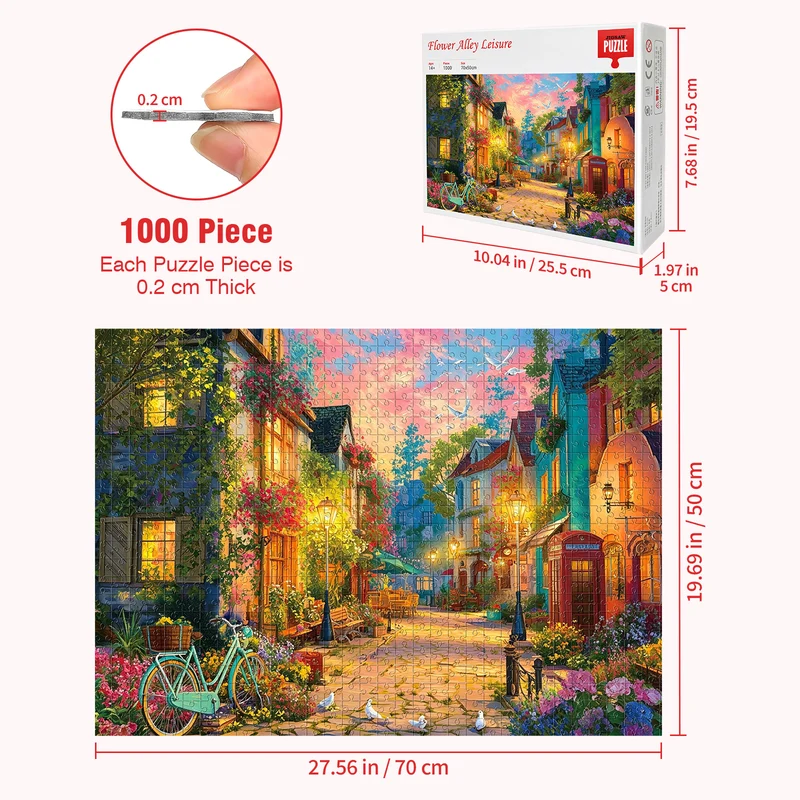 1000 Piece Adult Jigsaw Puzzle, 70 × 50 cm Scenic Paper Puzzle with Lettered Back, Matte Finish, Colourful Gift Box, Available in Flower Alley Leisure and Happy Mushroom Village Designs
