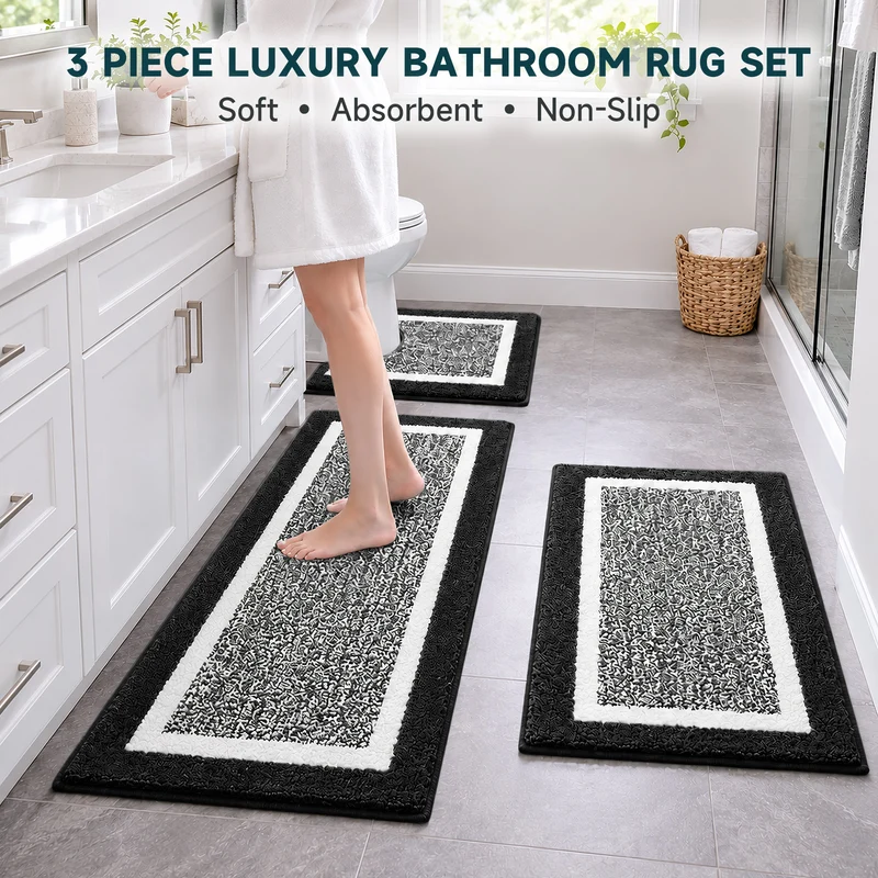 3-Piece Microfiber Bathroom Rug Set with Non-Slip TPR Backing, Absorbent Bath Mat, U-Shaped Toilet Mat & Long Runner, Machine Washable