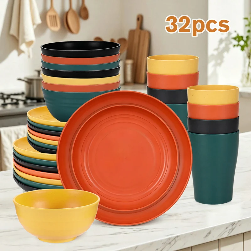 32-Piece Wheat Straw Dinnerware Set for 8, BPA-Free Black Plates, Bowls & Cups, Lightweight Stackable Tableware for Home, Picnics & Camping