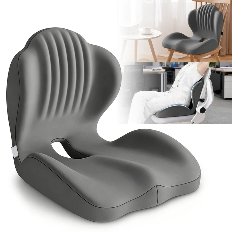 Ergonomic Memory Foam Seat & Lumbar Support Cushion, L-Shaped Back and Coccyx Support Pillow with Breathable Cover for Office Chair, Car Seat & Home, Grey