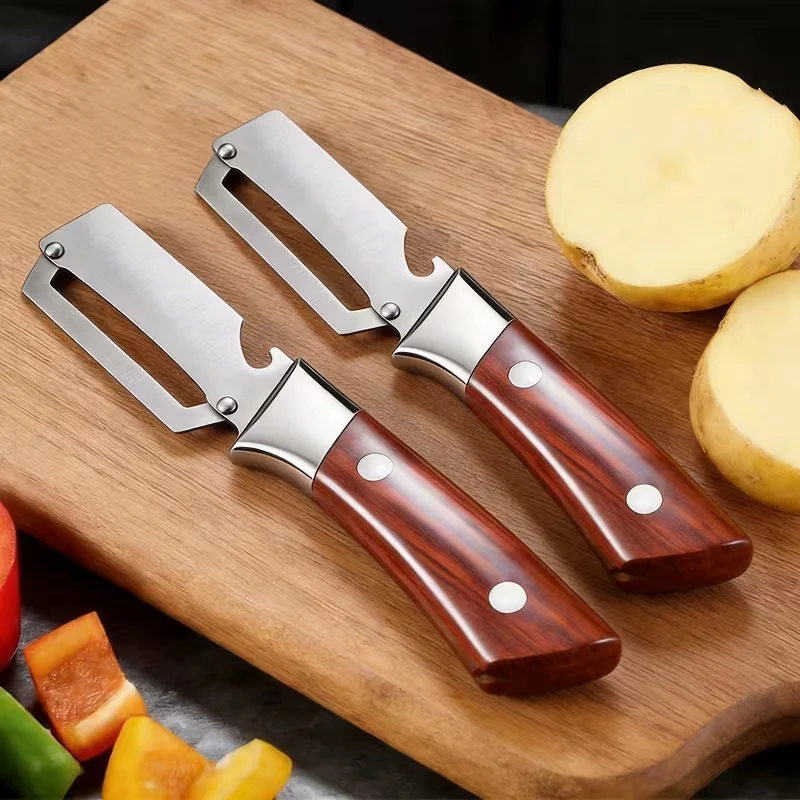 MPOW 2PCS Stainless Steel Fruit Peeler, Multifunctional Peeling Knife with Wooden Handle, Heavy Duty Vegetable Peeler for Sugarcane Pineapple Potato Carrot Apple Cucumber, Kitchen Essential Peeling Tools, Red
