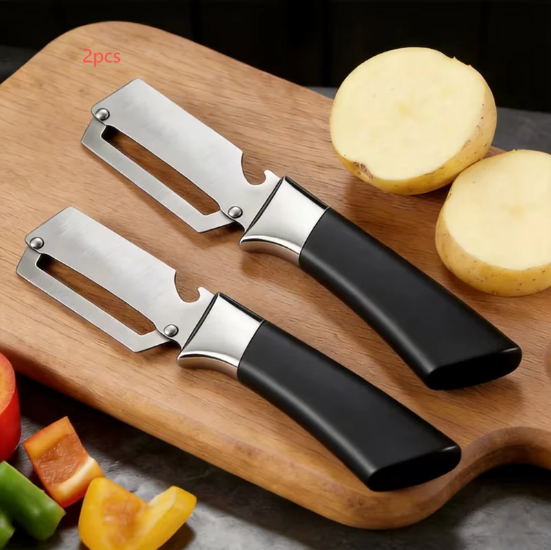 MPOW 2PCS Stainless Steel Fruit Peeler, Multifunctional Peeling Knife with Wooden Handle, Heavy Duty Vegetable Peeler for Sugarcane Pineapple Potato Carrot Apple Cucumber, Kitchen Essential Peeling Tools, Black