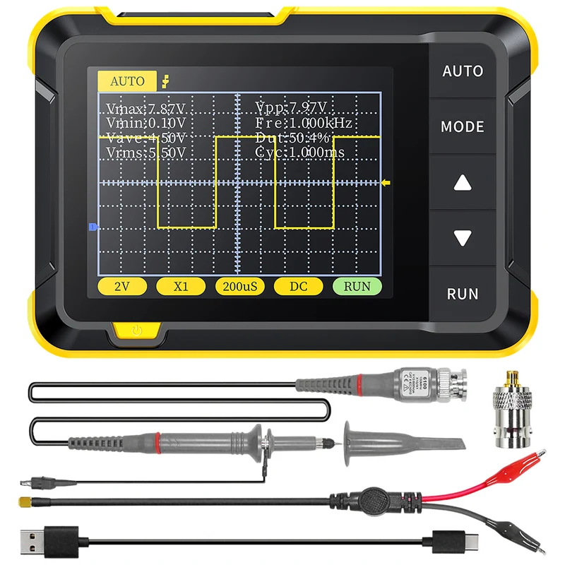 MPOW 2 In 1 Handheld Mini Digital Oscilloscope Yellow, 200KHz Bandwidth, 2.8 Inch HD Display, AC DC Coupling Trigger Function, 1000mAh Rechargeable Battery for Circuit Repair Research