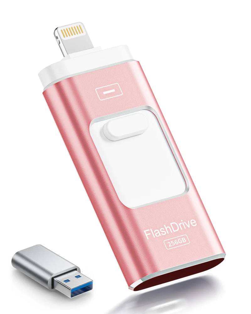 MPOW 256GB 4 in 1 USB Flash Drive Pink Metal Shell, USB 3.0 High Speed Memory Stick, MFi Certified Portable External Storage for iPhone iPad Android PC